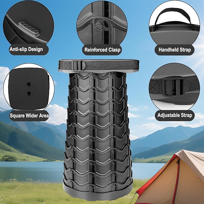 Fishboy Upgraded Collapsible Stool, 400lbs Max Weight, Lightweight But Sturdy, Portable Retractable Folding Telescoping Foldable Camping Stool for Adults Outdoor Fishing Hiking BBQ