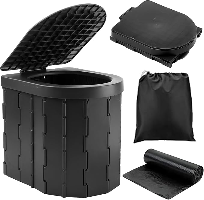 KINSPORY Camping Toilet, Portable Toilet for Adults & Kids, Foldable Potty & Outdoor Emergency Sanitation Products, Trash Can, Stool for Car Truck Camping Travel Hiking Fishing Long Trips (Deep Black)