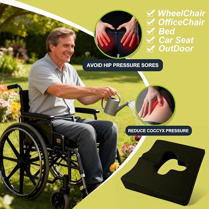 Gel Wheelchair Seat Cushion,Bed Sore Cushions for Butt,hemorrhoid pillow for Chair,Pressure Sore cushion,Memory Foam Butt Pillow,Sciatica,Coccyx,Pressure Ulcer Pain Relief,Washable Cover(Black