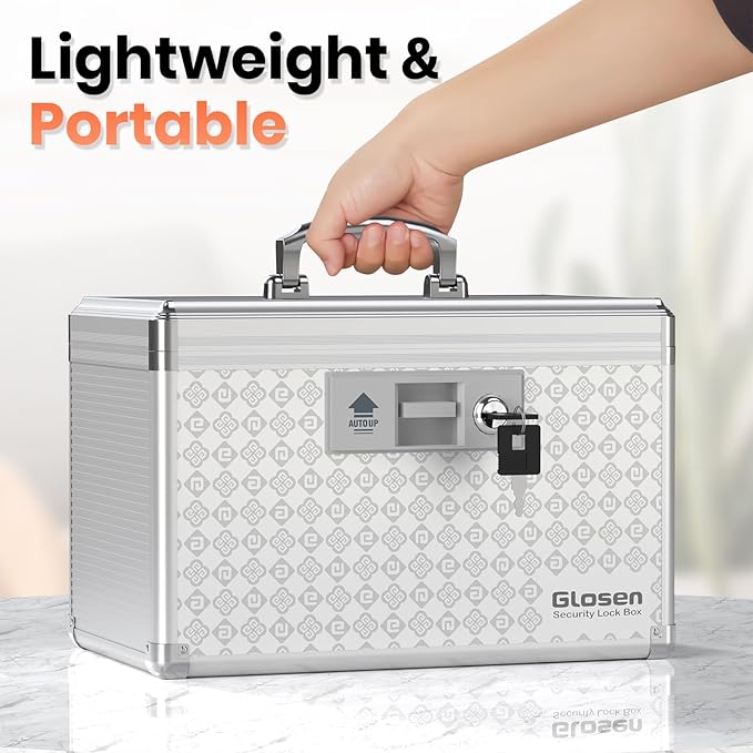 Glosen Medicine Lock Box Storage Lock Box Grey 12 X 7.68 X 7.87 Inch 【Medium】 Lockable Dorm Storage Trunk with Key Lock - Briefcase, Lock Boxes for Personal Items