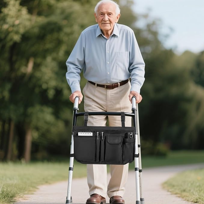 ANILD Walker Bag Basket with Cup Holder, Foldable Walker Bag for Folding Walker Accessories for Seniors Elderly, Walker Storage Bag with Large Capacity