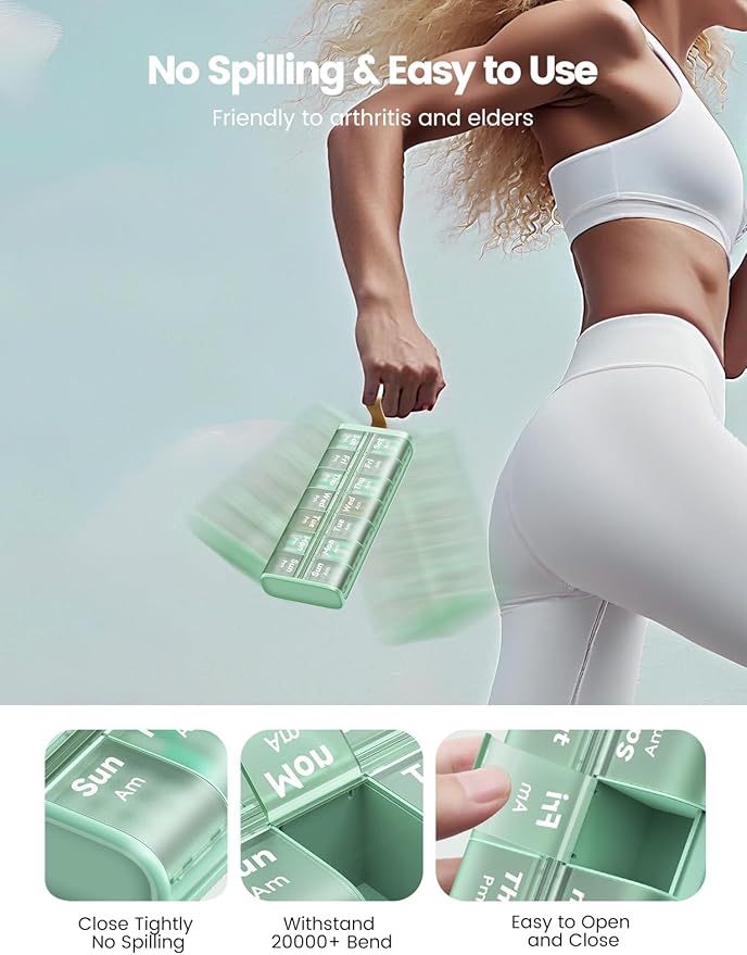 Weekly AM PM Pill Organizer 7 Day, Large 2 Times a Day Pill Box Case with Carry Handle, Moisture-Proof Desiccant & Secure Easy-Open Lids for Vitamins and Supplements