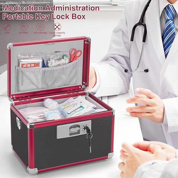 Secure Medicine Lock Box with Key, Childproof Metal Medication Storage Organizer for Home & Travel, Layered Aluminum First Aid Box, Portable & Durable – 13.4" x 7.6" x 8.2" Black & Red
