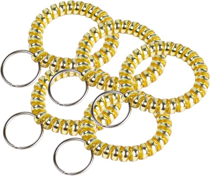 Lucky Line 2” Diameter Spiral Wrist Coil with Steel Key Ring, Flexible Wrist Band Key Chain Bracelet, Stretches to 12”, Gold, 5 Pack (4108105)