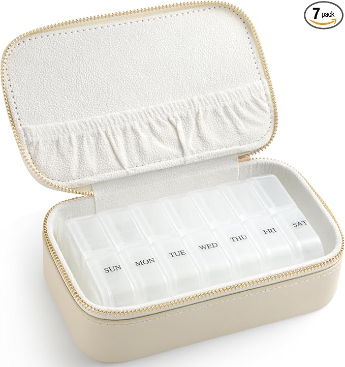 Genuine Leather Travel Pill Organizer Box Case 2 Times a Day for Purse for Women, Cute Medicine Pill Holder Containers for Vitamin Medium Weekly Daily 7 Day Am Pm Pill Organizer(Beige)