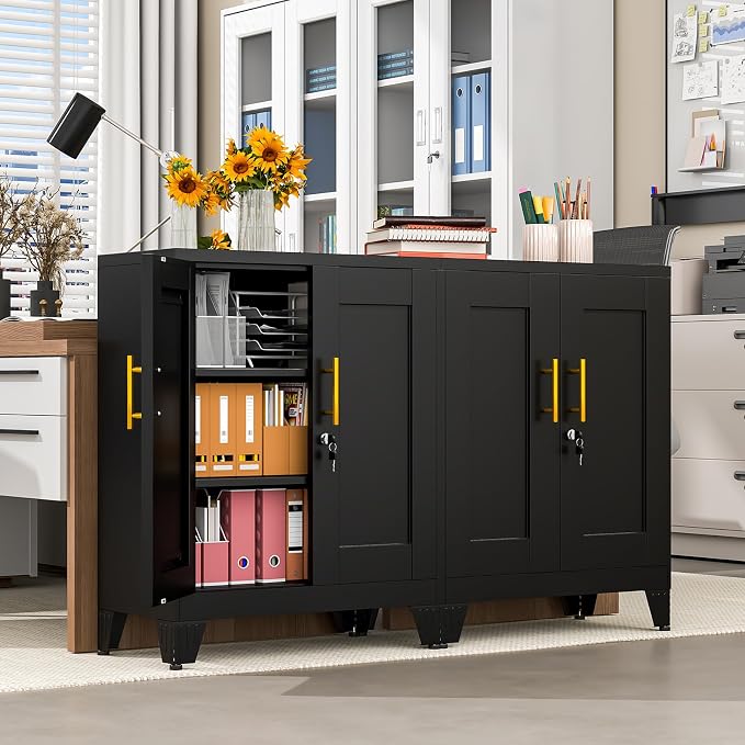 pozdeg Metal Storage Cabinet with 2 Doors, 35.8" H Steel Metal Locker Storage Cabinet with 2 Adjustable Shelves, Versatile Storage Buffet Sideboards for Home Office Garage or Gym (Black)