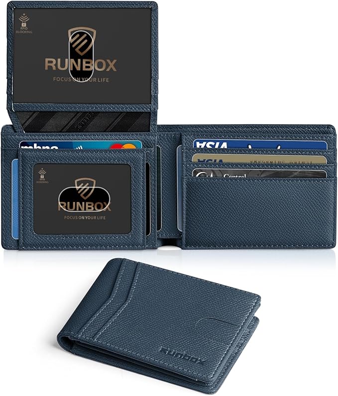 RUNBOX Wallet for Men -Slim Rfid Leather Mens Bifold Novelty Wallets 2 ID Window With Gift Box Men's Accessories | Minimalist Front Pocket Design, Holds 15 Cards, Large Capacity with Cash Pocket,Compact and Thin, Birthday Gifts for Men