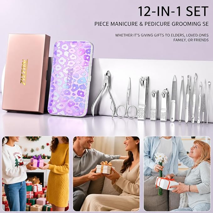 Manicure Set, Stainless Steel Nail Clipper Set with Travel Case | 12-Piece Set with Thicker Steel, Precision-ground Cutting Edges, and Smooth-finished Tools for Clean, Precise Trimming.