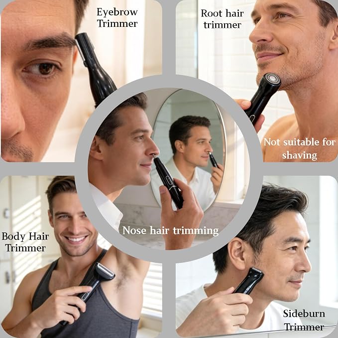 5-in-1 Nose Hair Trimmer for Men, USB-C Rechargeable Painless Eyebrow & Facial Trimmer, IPX7 Waterproof Electric Grooming Kit, LED Display with 5 Blade Heads, Classic Black