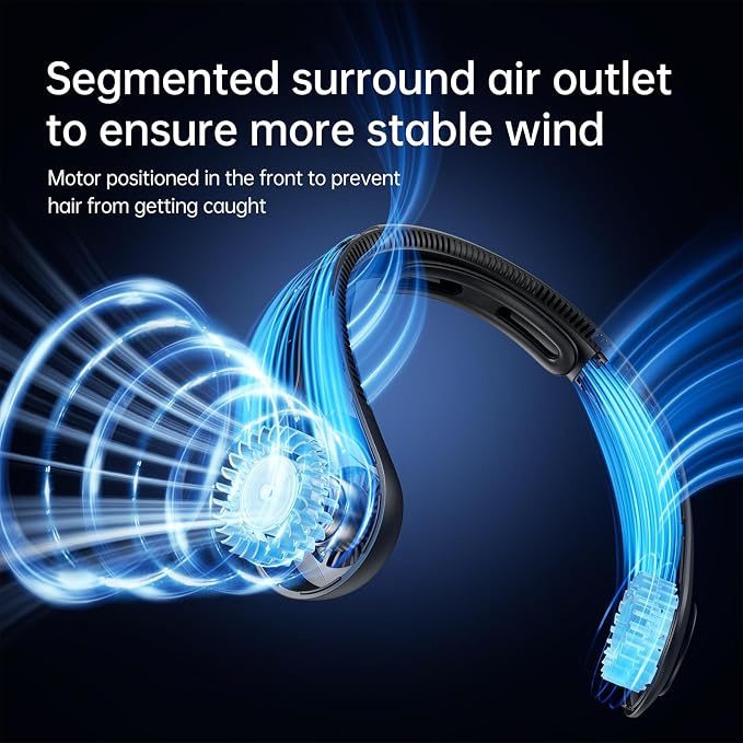 JISULIFE Portable Neck Fan Upgraded: Neckbrace Hands-Free, 5-Speed 5000 mAh | 16.5H Max Runtime, Personal Wearable Bladeless Rechargeable Fan for Outdoor/Travel/Concerts, Gifts for Women Men - Black