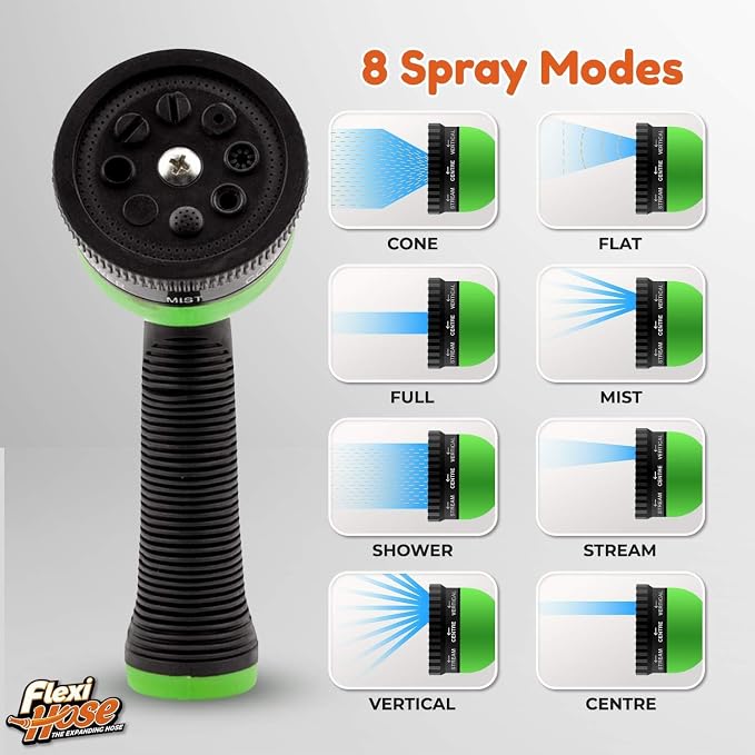 Flexi Hose with 8 Function Nozzle, 50FT - Lightweight Expandable Garden Hose, No-Kink Flexibility, 3/4 Inch Solid Brass Fittings and Double Latex Core - Black and Green