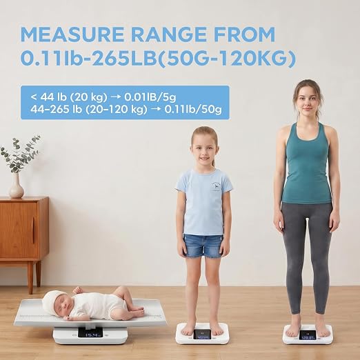 MomMed Baby Scale with Height Measuring Tape - Digital Smart Scale for Infant Weight with Hold & Lock Function, Auto Shut-Off, LED Display - Multi-Function Scale for Newborns, Adults, Cats, Dogs