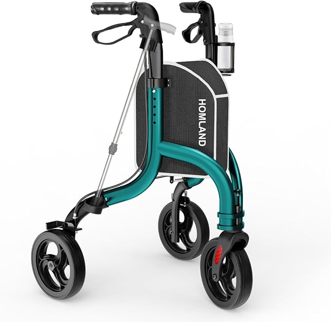 HOMLAND 3 Wheel Walkers for Seniors, Foldable Wheeled Rollator with Cane Hold and Cup Hold, Lightweight Three Wheel Rolling Walker Height Adjustable for Seniors