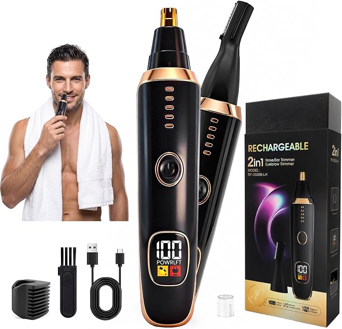 LED Display Ear and Nose Hair Trimmer Clipper for Women Men,2026 Rechargeable 2 in 1 Painless Eyebrow & Facial Hair Trimmer with Powerful Motor and Dual-Edge Blades Easy Cleansing