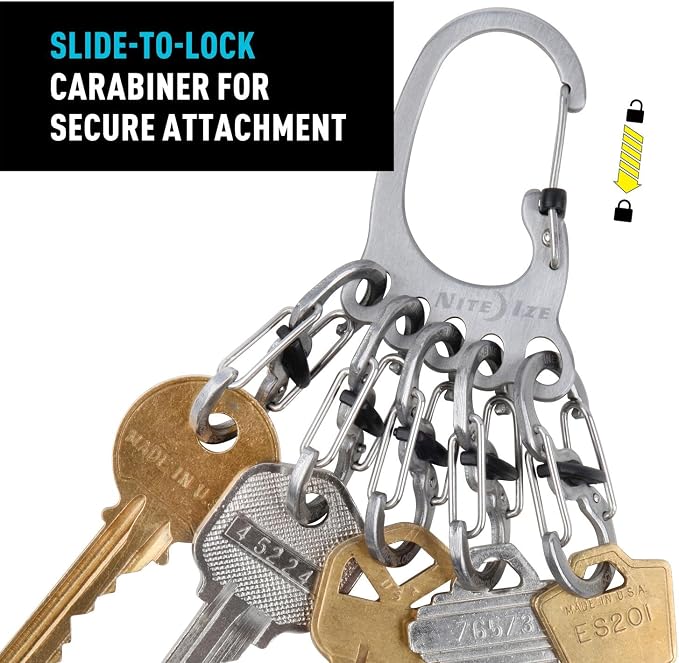 Nite Ize KLKBF-11-R6 Bigfoot Locker KeyRack, Carabiner Chain with 5 Stainless Steel Locking S-Biner Toes to Hold Keys Separately + Securely, 1, Silver