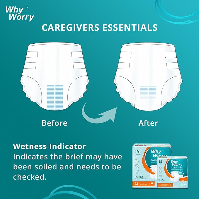 WhyWorry Adult Diapers with Tabs, Maximum Absorbency, Medium, 60 Count | Disposable Incontinence Briefs, for Women & Men, Leak-Proof Diaper, Overnight Protection, Odor Control, Unisex, 4 Packs of 15