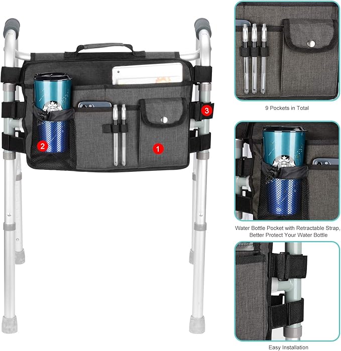 supregear Walker Bag, Seniors Storage Caddy Accessory (Double Sided), Attachment Basket for Folding Walkers, Large Capacity Waterproof Carrier Tote with 9 Pockets and Cup Holder