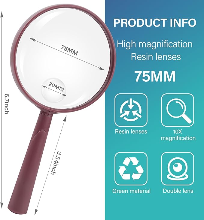 Feosky Handheld Reading Magnifier, 10X Magnifier, 75mm Shatterproof Lens, Adults Close Work Non-Slip Handle for Seniors Reading and Nature Exploration (Wine Red)