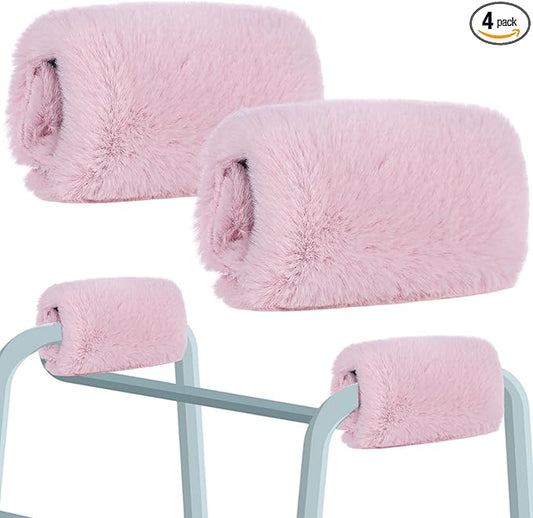 2 Pcs Walker Handle Cushions Fluffy Walker Hand Pads Universal Padded Rollator Hand Cover for Folding Rolling Wheelchair, Senior, Elderly Grippers, with 2 Extra Foam Pads(Pink)