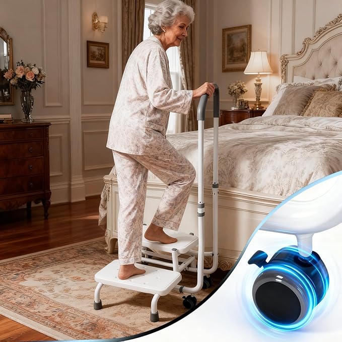 2 Step Stool for Elderly with Adjustable Handrail and Wheels, Heavy Duty Safety Bed Steps for High Beds with Non-Slip Surface, Holds 460lbs for Adults and Seniors