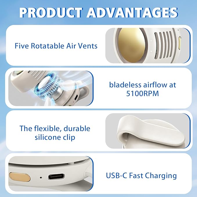 Portable Fan,Clip On Waist Bladeless, Ultra-Quiet Personal Mini Neck Fan | 3 Speeds with 360°Adjustable Clip Mini Fan Personal USB Rechargeable Small Fan for Summer
