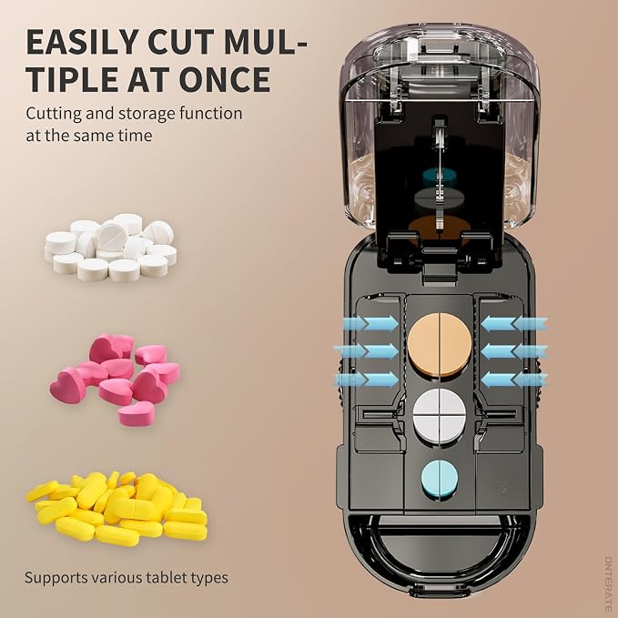 ONTERATE Pill Cutter Splitter for Small & Large Pills, Adjustable Pill Splitter with Safety Guard Hidden Stainless Steel Blade, Travel Tablet Vitamin Cutter Cutting into 1/2, 1/4 (Cream)