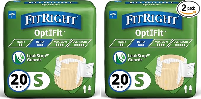 FitRight Adult Diapers, Ultra Heavy Absorbency, S (Waist Size 20in-32in), 20 Count, OptiFit Incontinence Briefs for Men and Women, Disposable, Moisture-Wicking, Leak Protection, (Pack of 2)