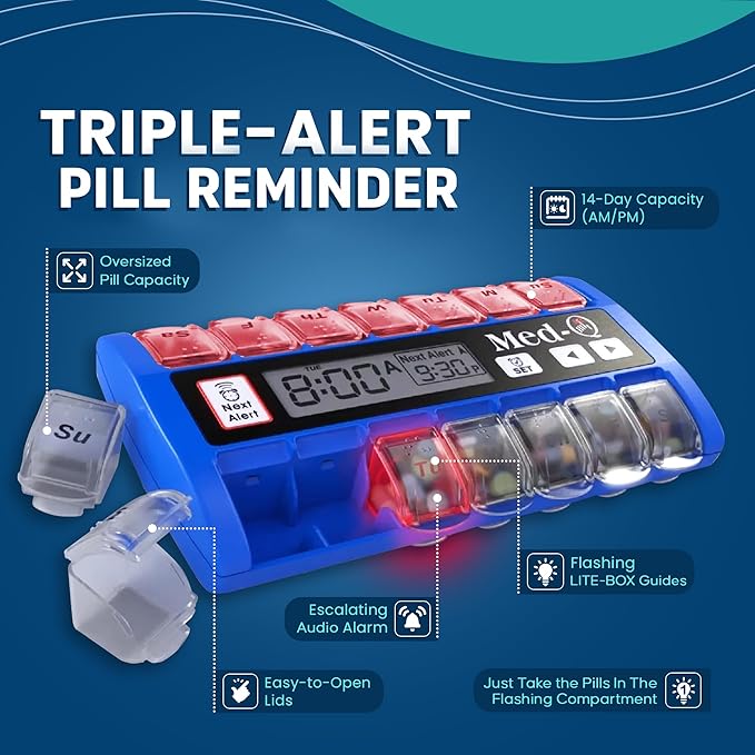 Med-Q Digital Pill Box with Alarms – Pill Organizer with Flashing Lights & Beeping Reminders – Monthly Pill Dispenser for Seniors, Dementia, Alzheimer’s, Medication & Vitamin Management