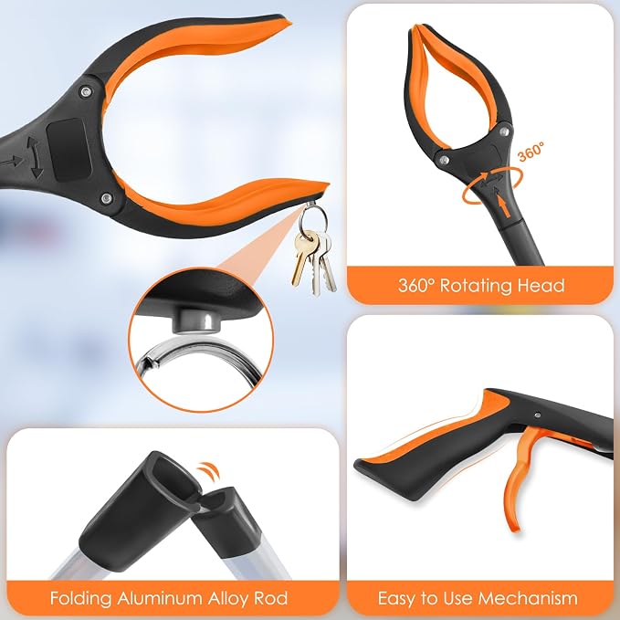 32" Grabber Reacher Tool, 1-Pack Foldable Reacher Grabber Pickup Tool with 360° Anti-Slip Rotating Jaw & Magnet, Mobility Aid Reaching Assist Tool for Trash Pick Up, Lightweight Grabber Tool, Orange