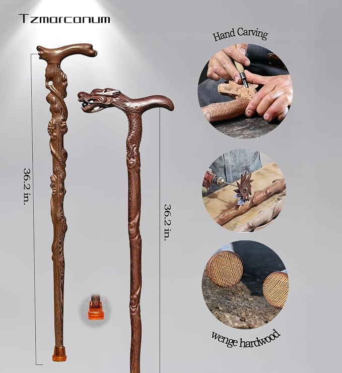 Dragon Canes for Men, Handmade Wooden Walking Canes for Men Women,Heavy Duty Up to 500 Pounds,Exquisite Natural Wood Carved Walking Ergonomic Stick