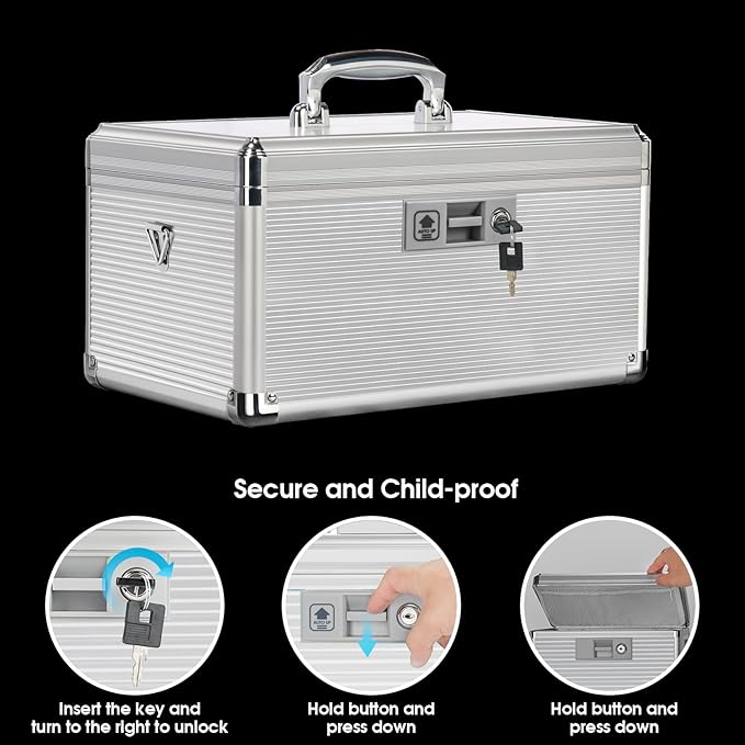 Medicine Lock Box with Key, Alluminum Alloy Box for Medication,First Aid Box with a Removeable Tray to Store Medicines & Pills for Home, Silver 14 * 8.46 * 7.48 Inch