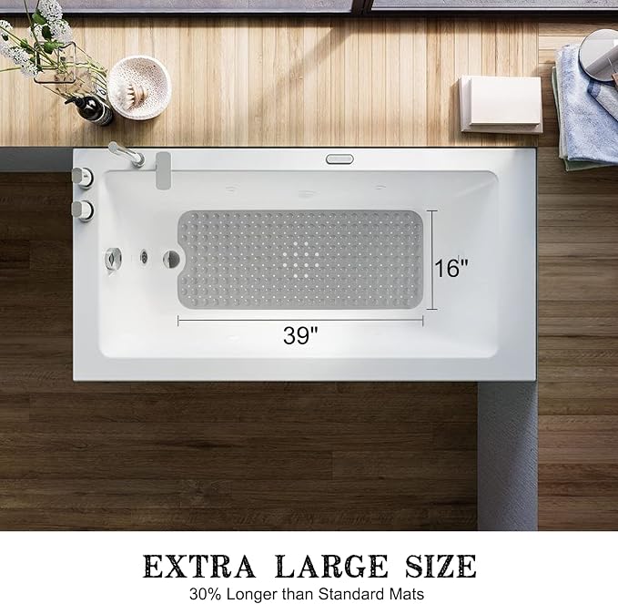 Bathtub and Shower Mats, Extra Long Non-Slip Bath Tub Mat 39 x 16 Inch, Machine Washable Bathmat with Suction Cups & Drain Holes for Bathroom Floor, Gray