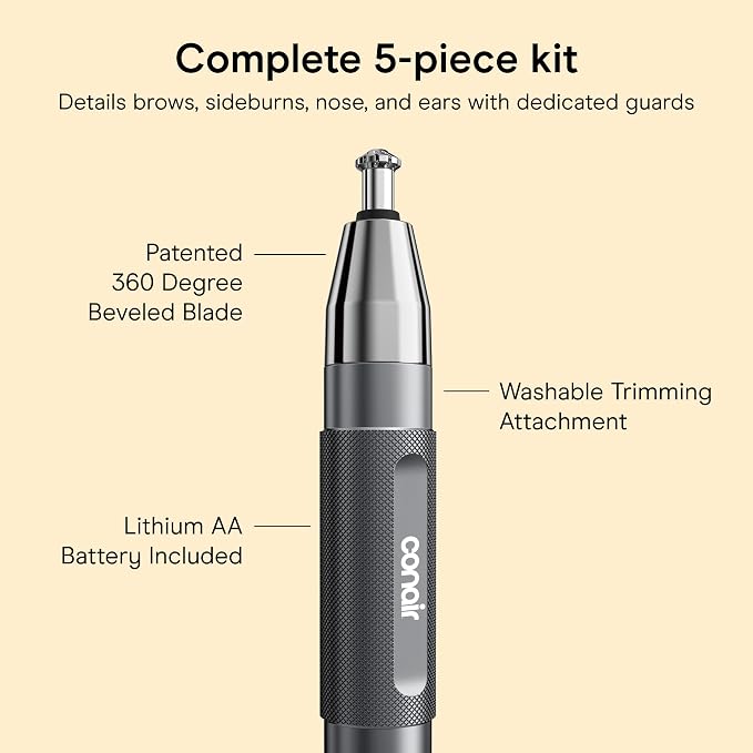 Conair Cordless Nose Ear and Eyebrow Trimmer Grooming Kit | 5-Piece Metal Grooming Kit with Patented 360° Bevel Blade for Safe Trimming, Metallic, PG7500R