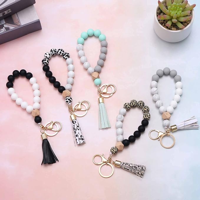 BAOSIWA Silicone Key Ring Bracelet Wristlet Keychain Unique Beaded Bangle Key Chains for Women with Leather Tassel