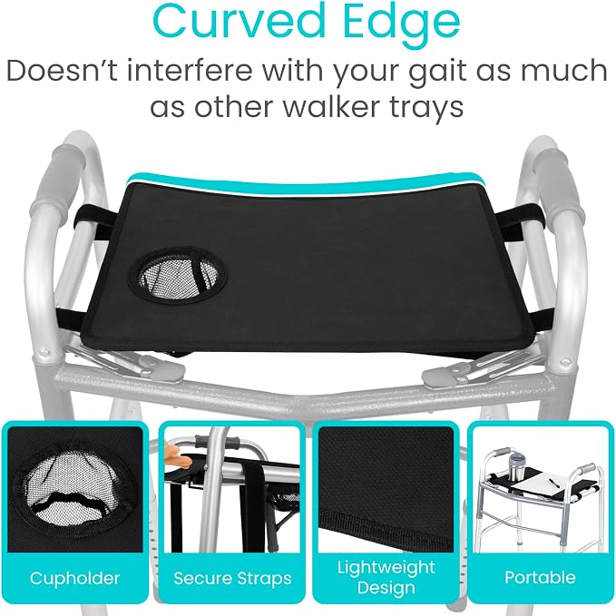 Vive Walker Tray for Folding Walker - (w/Cup Holder) - Adult Mobility | Accessories - Fits Standard Walkers - Medical Table for Seniors Non Slip Mat for Food - Removable & Easy Assembly (Black)