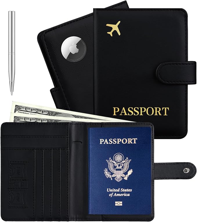 Passport Holder with AirTag Slot, Travel Passport Book Wallet | RFID Blocking, PU Leather, Cards Pocket, Cash Pocket, Passport Case, Women Men Travle Gifts, Travel Essentials