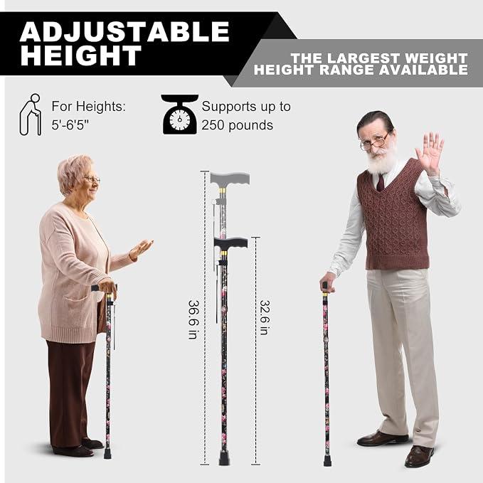PARLORA Walking Cane for Women and Men, Collapsible, Lightweight, Sleek, Foldable Folding Cane | Walking Sticks for Seniors & Adults with Comfortable T-Handle