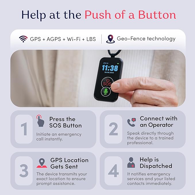 Cellular Medical Alert Necklace with Emergency Button for Elderly, 24/7 Monitoring, Fall Detection for Seniors, Water-Resistant, Wearable Pendant with 2-Way Communication, GPS Tracking