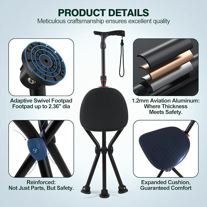 Walking Cane with Seat – Folding Lightweight Walking Cane Chair for Seniors, Adjustable Height 32"-36", Heavy-Duty 3-Legged Cane Stool for Men Women (Black)