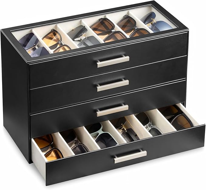 ProCase Sunglasses Organizer Box with Clear Glass Lid, PU Leather Eyeglass Storage Display Case for Men and Women
