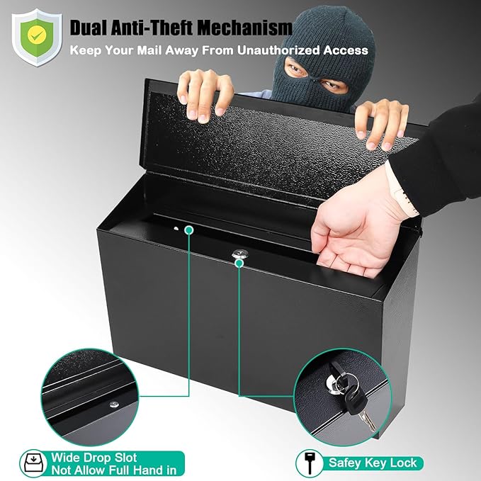 KYODOLED Locking Wall Mount Mailboxes for Outside, Large Capacity Mail Box for House with Key Lock, Security Drop Box, Metal Post Box for Home, Office Decorative,15.7 * 9.9 * 4.9in