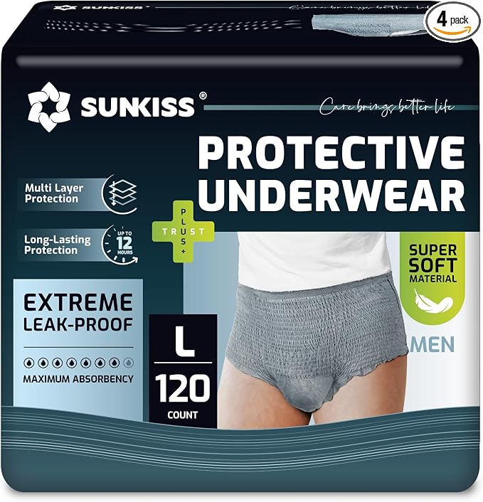 SUNKISS Super Soft Incontinence Underwear for Men, Daytime Disposable Adult Pull Ups, Mens Protective Diapers with Maximum Absorbency, Large, Grey, 120 Count
