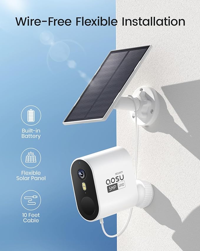 aosu 3K/5MP Solar Security Cameras Outdoor Wireless, Ultra HD Video Home Security System 4-Cam Kit with 166° Ultra Wide Angle, Cam-to-Cam Sync, Color Night Vision, Spotlight & Siren, No Monthly Fees