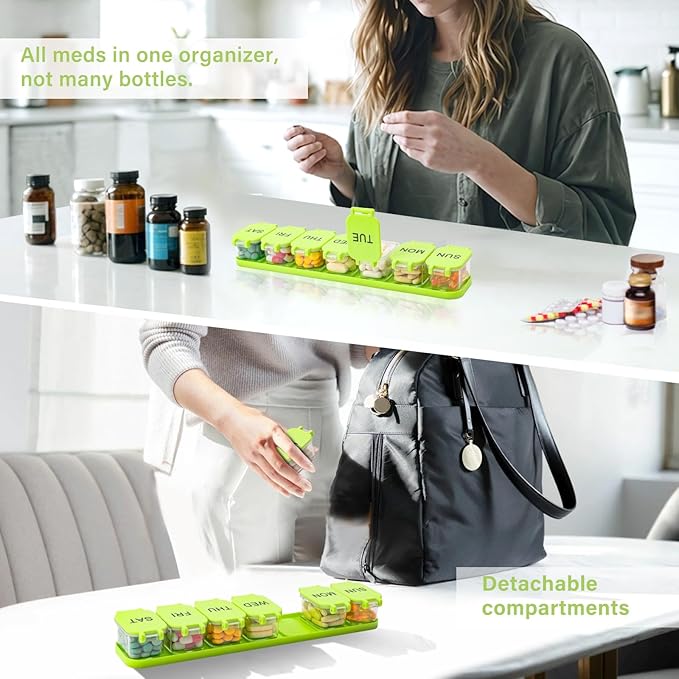 Extra Large Weekly Pill Organizer - Waterproof 7-Day Pill Box, Portable Vitamin & Supplement Case, Easy to Open Design, Ideal for Travel a nd Daily Medication Management (Green)