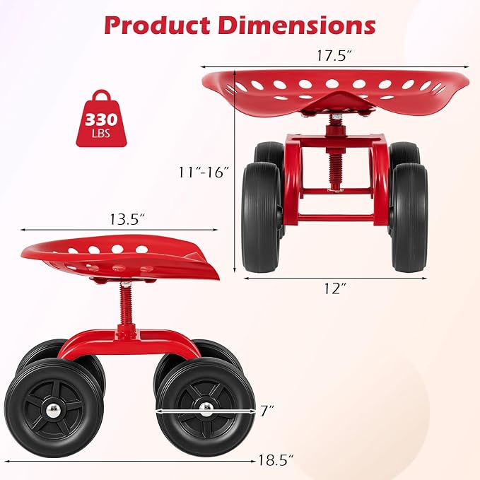Garden Cart with Seat, Heavy-Duty Rolling Outdoor Wagon Scooter w/Height Adjustable & 360° Swivel Seat, Gardening Work Seat Stool, Patio Scooter on Wheels for Lawn Yard Planting(Red)