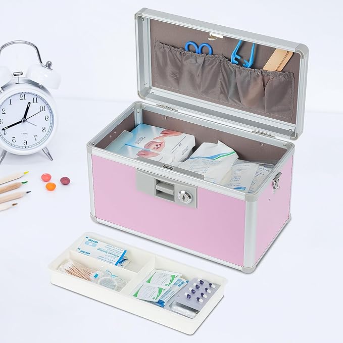 Medicine Lock Box,First Aid Safe Medication Storage Box,Layered Aluminum Daily Medicine Cabinet Family Use,12.2" x 7.9" x 7.5", Pink