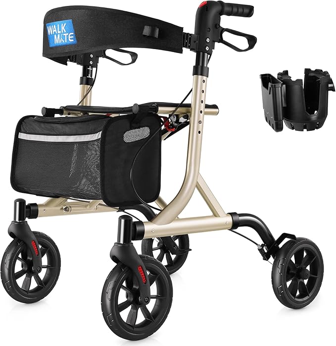 WALK MATE Rollator Walker for Seniors with Cup Holder, Upgraded Thumb Press Button for Height Adjustment, 4 x 8 Wheels Walker with Seat Padded Backrest Folding Lightweight Walking Aid, Gold
