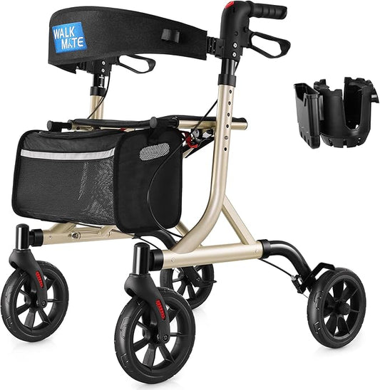 WALK MATE Rollator Walker for Seniors with Cup Holder, Upgraded Thumb Press Button for Height Adjustment, 4 x 8 Wheels Walker with Seat Padded Backrest Folding Lightweight Walking Aid, Gold