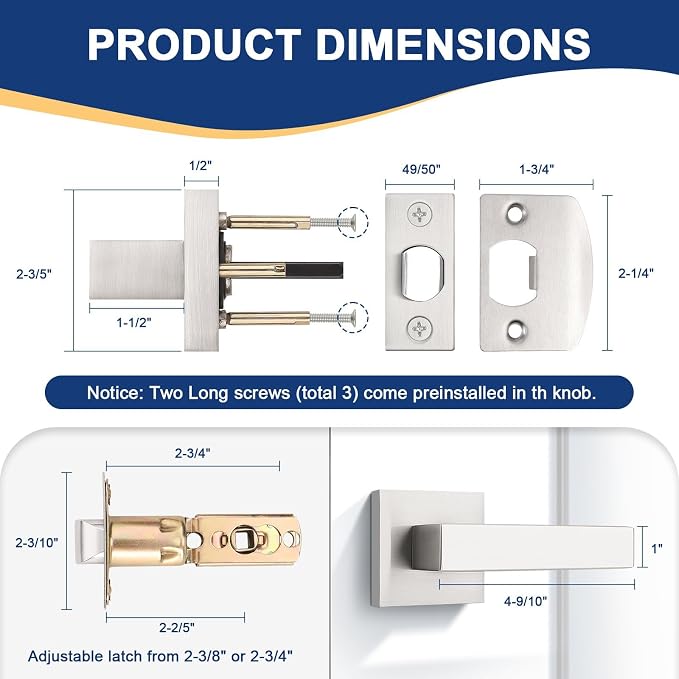 KNOBWELL 1 Pack Interior Door Handle Brushed Nickel Passage Doorknob Lever for Closet Hallway Satin Nickel Door Handleset(No Lock)
