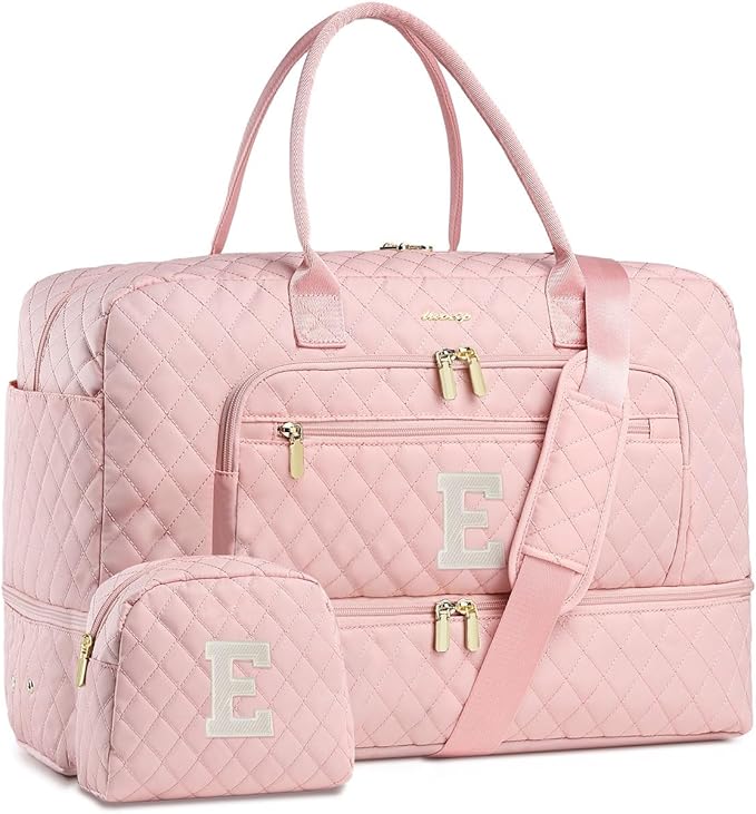 Initial Travel Duffle Bag for Women - Pink Personalized Weekender Bags Overnight Bag with Shoe Compartment & Wet Pocket Weekend Tote Bags with Toiletry Bag Monogram Gifts (Letter E)